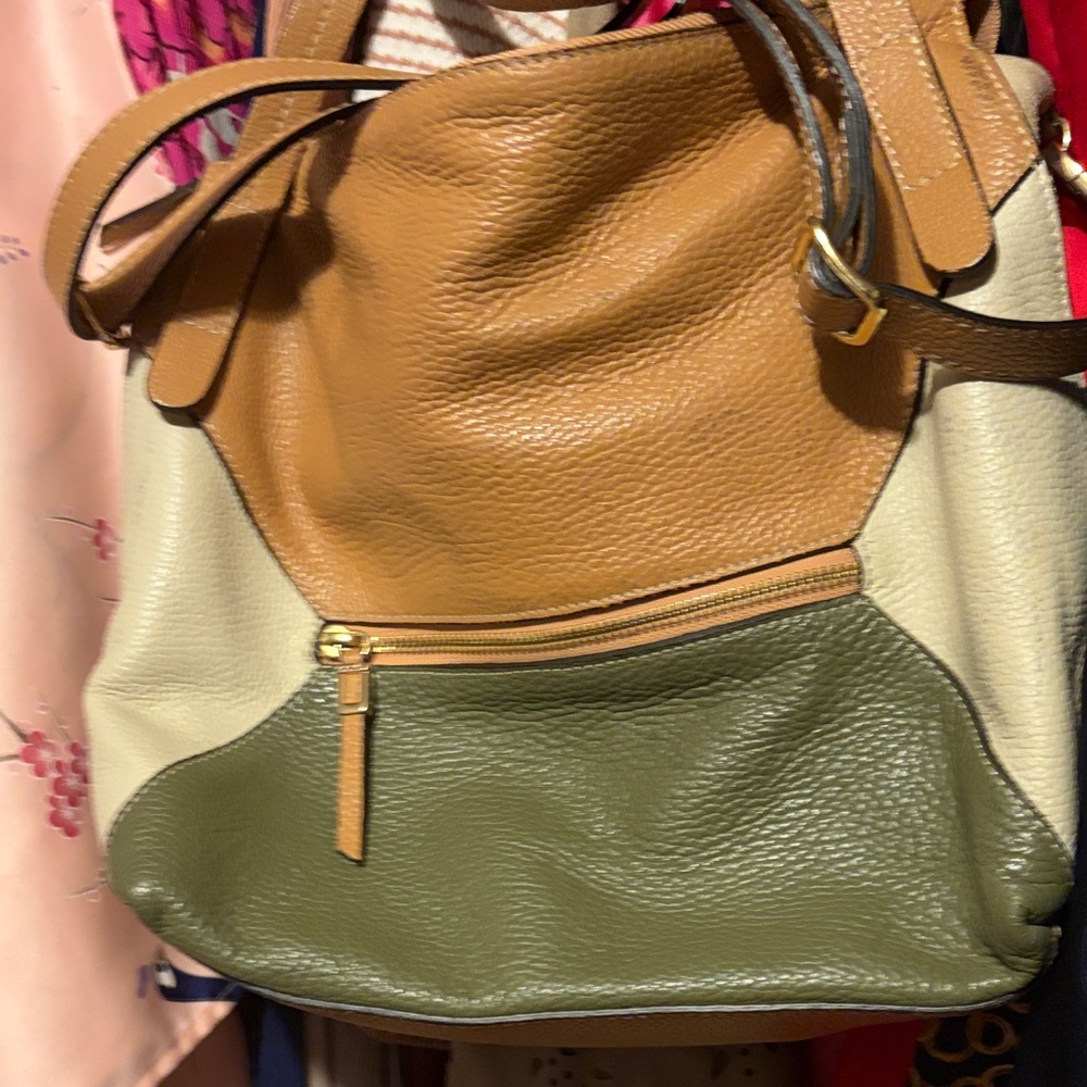 Tri-Color Pebbled Leather Shoulder Bag in Tan, Olive & Cream